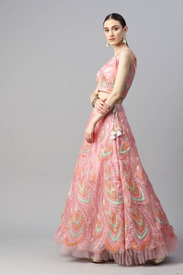 Women's Pink Net Thread Embroidery Lehenga Set - Meghalya - Image 2