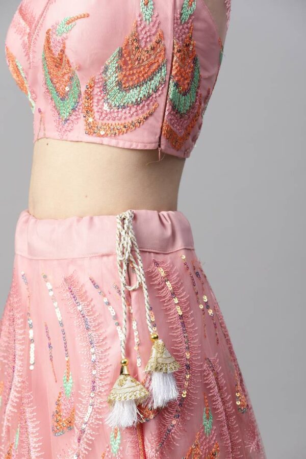 Women's Pink Net Thread Embroidery Lehenga Set - Meghalya - Image 3