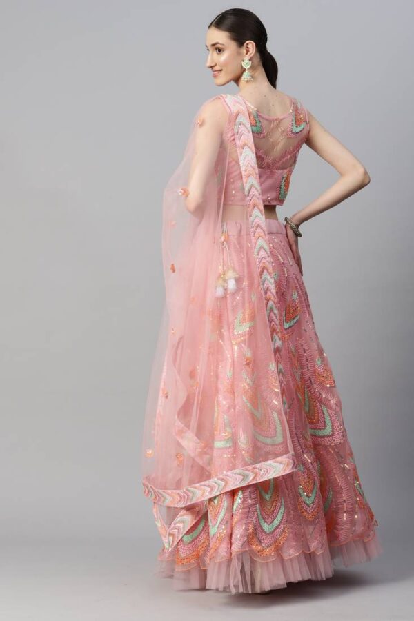 Women's Pink Net Thread Embroidery Lehenga Set - Meghalya - Image 4