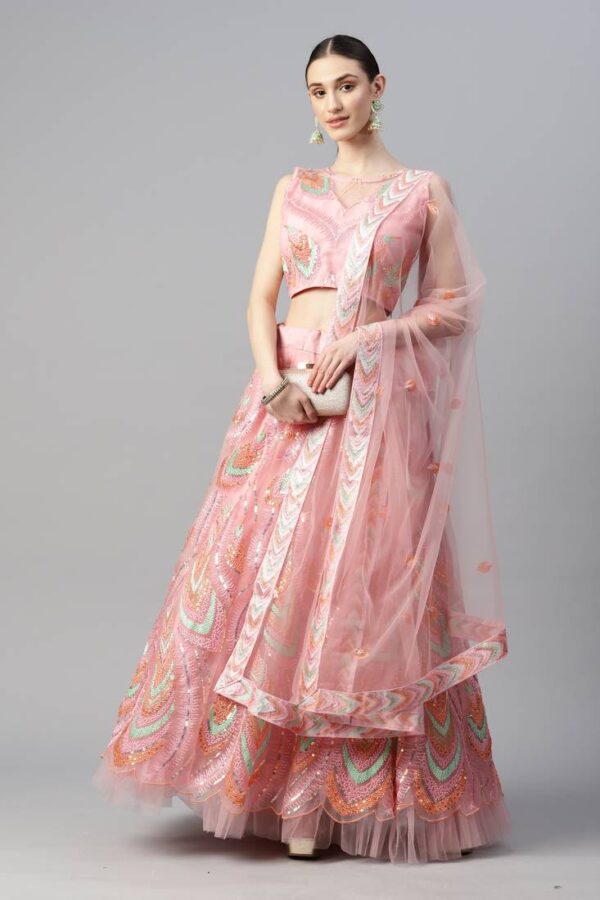 Women's Pink Net Thread Embroidery Lehenga Set - Meghalya